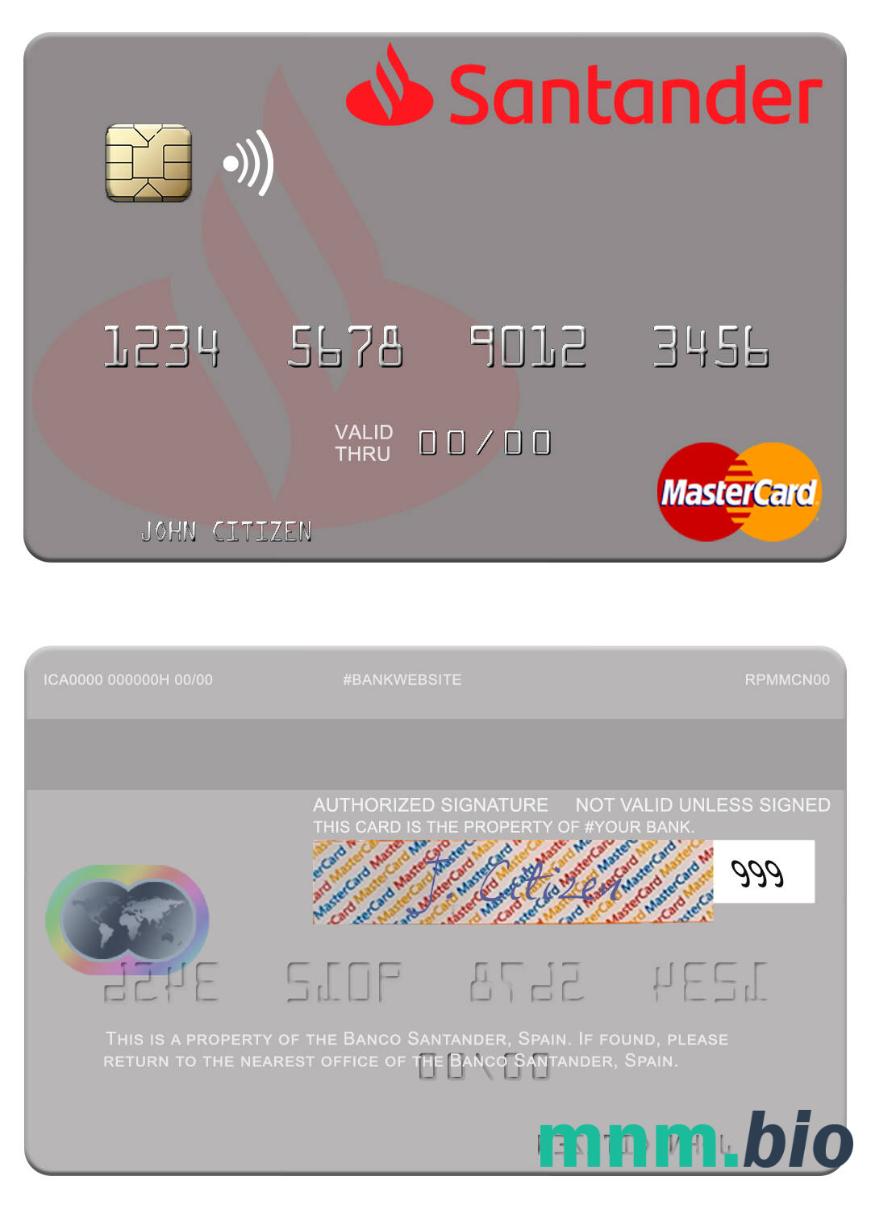 Spain Banco Santander przykład karty mastercard w formacie PSD